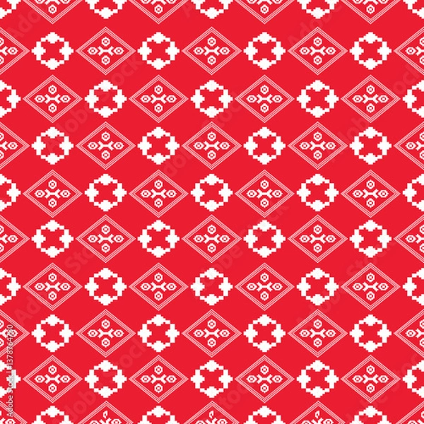 Obraz Bold red pattern with white pixel motifs in alternating diamond formations. Traditional textile design perfect for holiday projects and cultural celebrations.​​​​​​​​​​​​​​​​