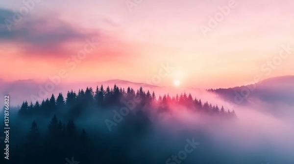Fototapeta Mountains and Sun: A mesmerizing sunrise casts a warm, dreamy light over the misty mountain landscape, with silhouetted trees adding a touch of mystery and depth. 