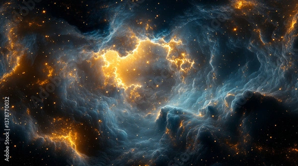 Fototapeta A beautiful, colorful, and starry sky with a yellowish cloud in the middle. The sky is filled with stars and the yellowish cloud is surrounded by them