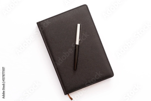 Obraz black diary and pen up on a white background