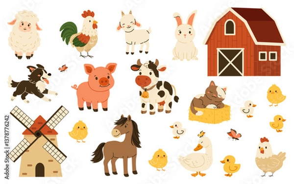 Fototapeta Flat style illustration of cute farm animals, barn, windmill, and chicks in a playful setting