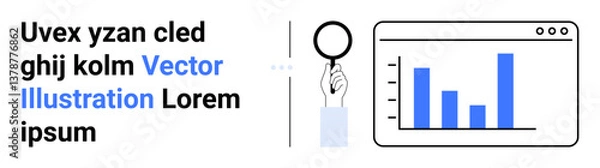 Fototapeta Hand holding magnifying glass pointing at bar chart in browser window. Ideal for analytics, research, presentation, statistics, business, dashboard visualization, simple landing page