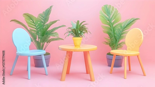 Fototapeta Pixel Art Still Life Scene with Pixelated Chairs and a Table and Potted Plants in an Indoor Studio Setup with Pastel Pink Background