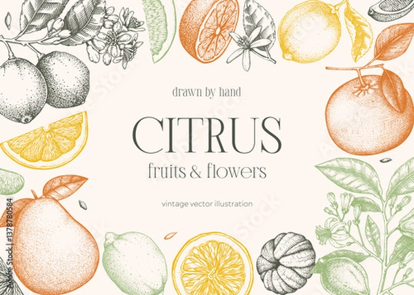 Obraz Citrus fruit frame design. Hand drawn vector illustration. Healthy food sketches. Engraved summer background. NOT AI generated