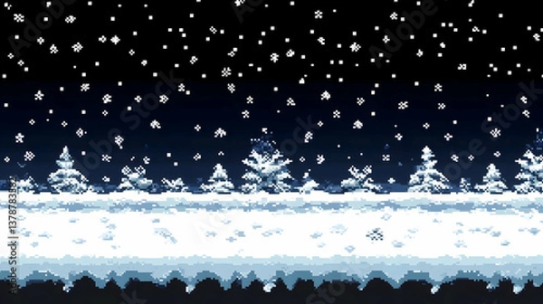 Fototapeta Pixel Art Winter Landscape with Snow Covered Trees and Falling Snowflakes in a Cold Blue Night