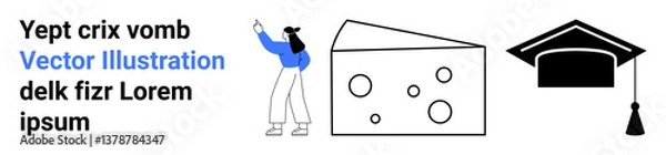 Fototapeta Female character gesturing, cheese block with holes, and graduation cap. Ideal for education, achievement, food concepts, minimal design, knowledge, abstract visuals simple landing page