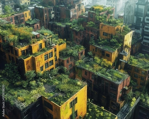 Obraz Dystopian cityscape from above, tangled streets intertwined with natures reclaim, stories of resilience in every rooftop garden