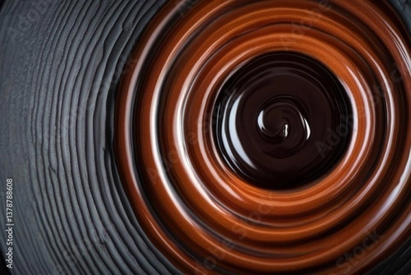 Obraz Close-up of rich chocolate swirl on a black plate, inviting and smooth texture.