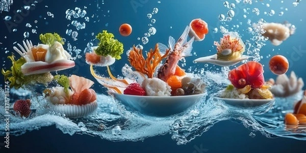 Obraz Colorful seafood splashing in water, showcasing unique culinary presentation.