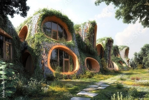 Obraz Innovative and eco-friendly architecture featuring unique organic shapes and lush greenery, blending nature with modern design.