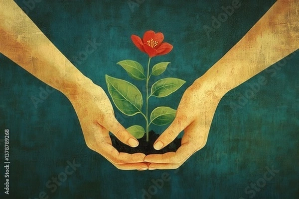 Obraz Two hands nurturing a small plant, symbolizing care and growth in a textured background.