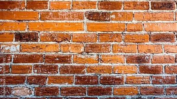Fototapeta Close-up of textured brick wall with orange and red brick combination. Ideal for architectural backgrounds, construction or renovation projects and design mockups.
