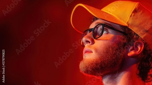 Fototapeta Young Man in Yellow Cap, Red Light, Close up portrait of a young man with glasses and a yellow cap in red light.