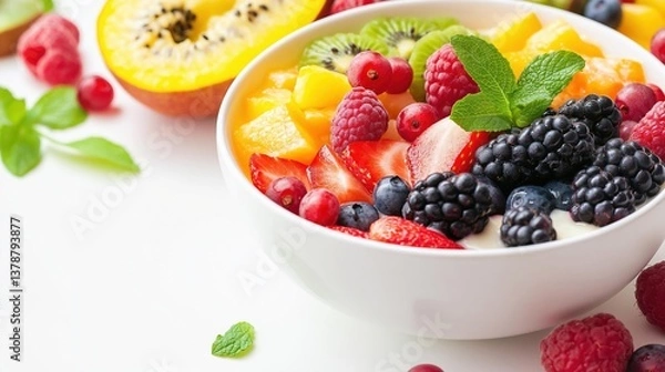 Fototapeta Close-up of a bowl of fresh fruit salad. the bowl is white and is placed on a white surface.