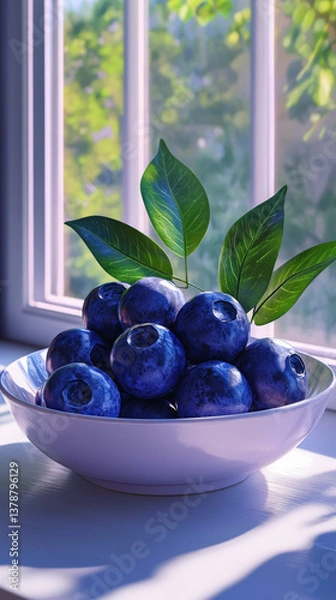 Fototapeta A Vibrant, Artistic Portrayal of Fresh Blueberries in a White Bowl with Green Leaves