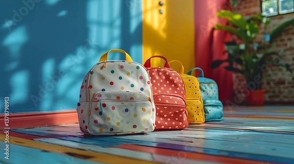 Fototapeta First day of school reunion of two young children standing next to each other, smiling and carrying backpacks. The scene takes place in a hallway, possibly at school