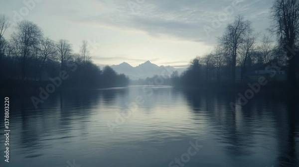 Obraz Misty river reflecting mountains