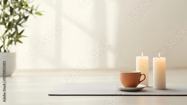 Fototapeta White table with a gray placemat on it. on the table, there are two white candles and a small orange cup and saucer.