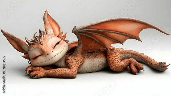 Fototapeta Sleeping Orange Dragon Figurine Lying Down on White Background in Studio Lighting
