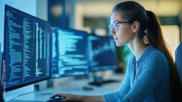 Obraz Focused woman in glasses working on computer, office productivity and technology in action