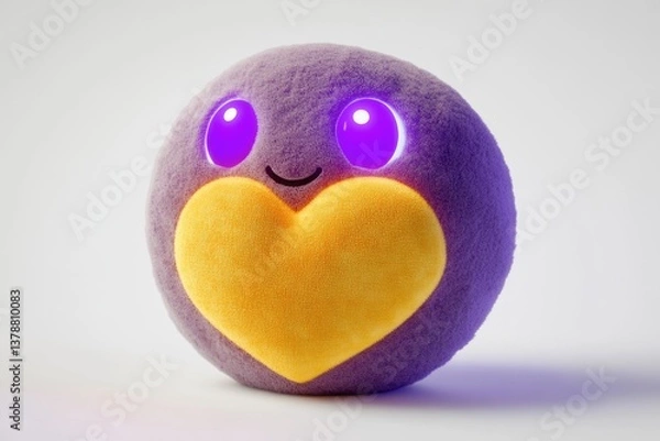 Fototapeta Adorable plush toy, purple and yellow, with glowing eyes and a heart.