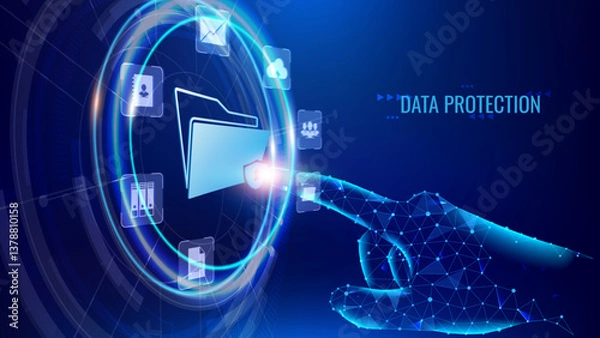Fototapeta Data protection concept. Hand touching file icon and virtual screen background, cybersecurity, online privacy. Secure information management, internet security in futuristic technology setting.