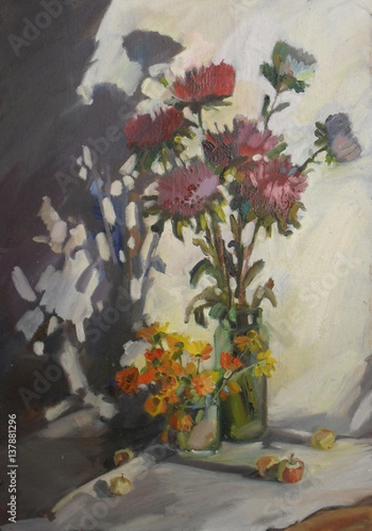 Obraz живопись масляными красками, натюрморт с цветами