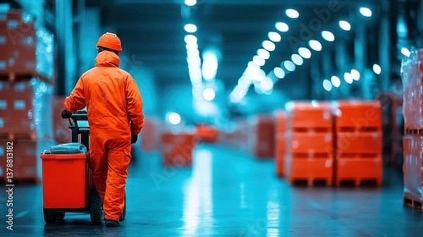 Obraz Man in vibrant orange uniform carrying a red suitcase, journey begins