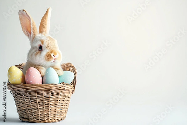Obraz  Adorable Bunny Sitting in Basket with Colorful Easter Eggs