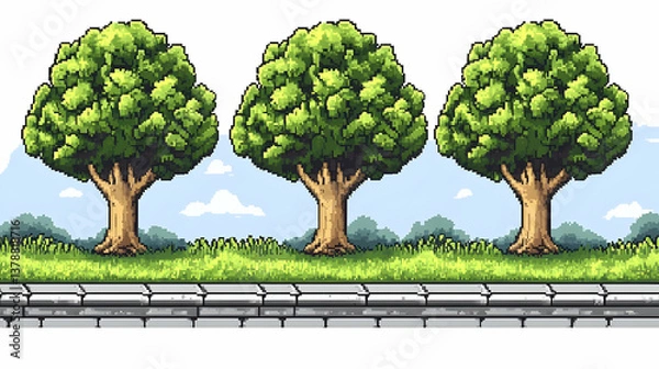 Fototapeta Three Green Trees and Grass Pixel Art Landscape with Blue Sky and Stone Sidewalk for Game Background