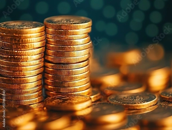 Fototapeta Investment insights stacked gold coins symbolizing wealth financial sector macro view prosperity concept
