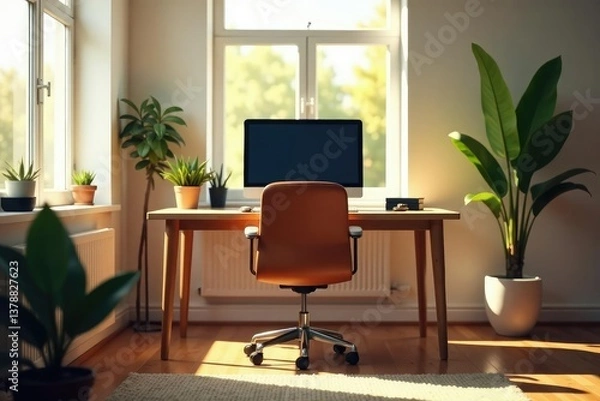 Fototapeta Empty chair at desk facing computer, sunlit room, simple, home, technology