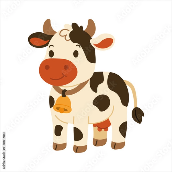 Obraz Flat style illustration of a cute dairy cow with brown spots, horns, and a bell collar, ideal for farm-themed projects, children’s books, and agricultural educational materials