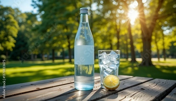 Fototapeta Refreshing Water Bottle and Glass with Lemon on Park Picnic Table