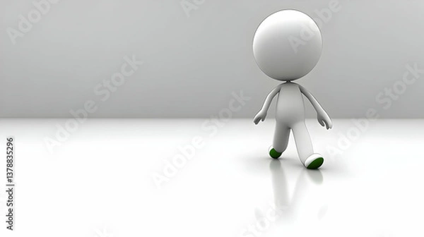 Fototapeta White Stick Figure Walking on Reflective Floor Against a Light Gray Background Minimalist Three Dimensional Rendering