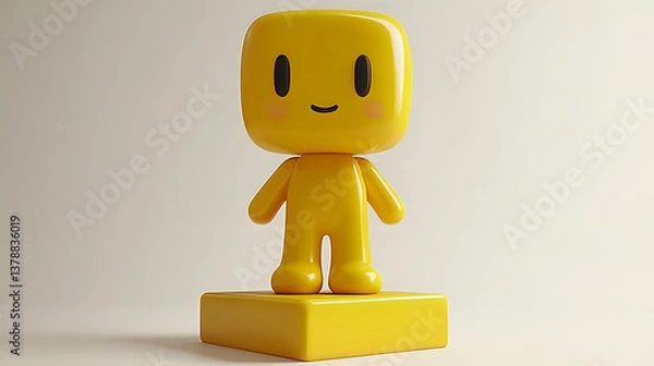 Fototapeta Yellow Cubic Character Toy on Stand with Simple Facial Expression Sweet Geometric Design Cute and Shiny in Isolated Studio Setting Minimalist Modern Style