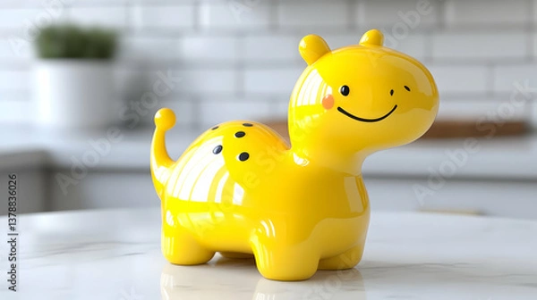 Fototapeta Yellow Ceramic Dinosaur Toy on a Marble Table with a White Tiled Background and a Potted Plant Enhancing a Cute and Playful Indoor Atmosphere