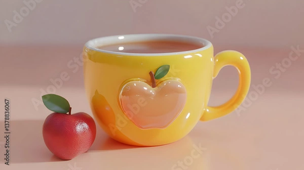 Fototapeta Yellow Cup with Heart Design and Red Apple on Peach Surface in Soft Lighting Still Life Indoor
