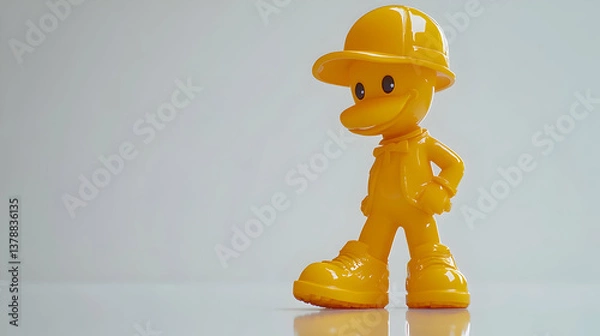 Fototapeta Yellow Duck Construction Worker Toy Figure Wearing a Hard Hat Isolated Against a White Background With Reflections