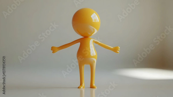 Fototapeta Yellow Plastic Figure Toy Standing on White Surface in Studio Lighting A Minimalist Geometric Character with Bright Shiny Surface