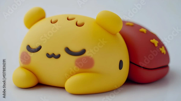 Fototapeta Yellow Plush Toy Animal Sleeping Next to Red Pillow with Gold Stars Childlike and Adorable Soft Decoration in a Bright Studio Shot Setting