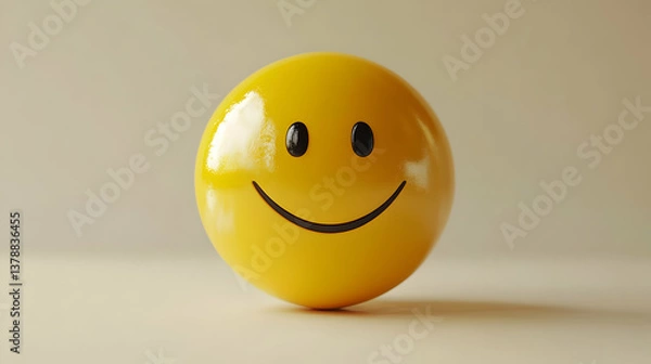 Fototapeta Yellow Smiley Face with Glossy Surface Showing Happiness and Positive Emotions on Light Beige Background