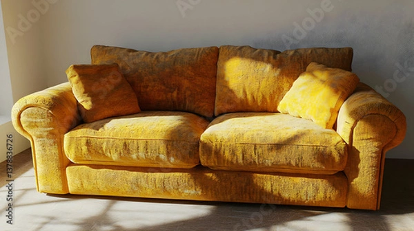 Fototapeta Yellow Sofa with Pillows in Bright Sunlight in a Room with Light and Shadow Patterns on the Floor Surface with AI Visual Defect