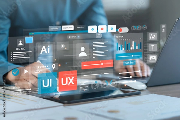 Obraz UX-UI development along with web design to develop mobile and laptop app interface layout design. User experience concept, UX-UI designer, creative planning, data visualization, application design