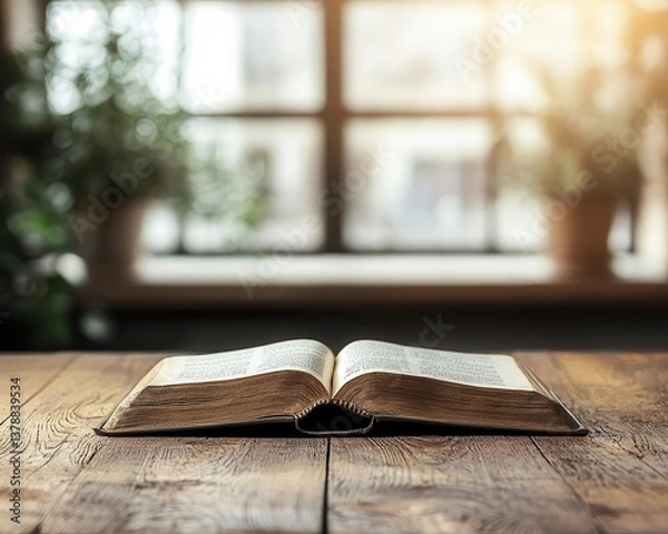 Fototapeta Open old book with yellowed pages on a polished wooden table, sunlit room, nostalgic vibe