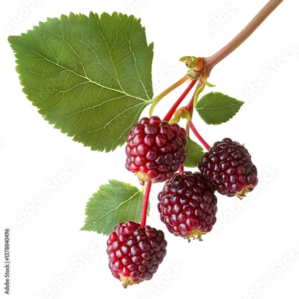 Fototapeta Close up of a branch with three ripe blackberries and a green leaf on it
