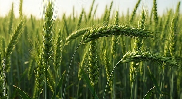Fototapeta green wheat field, Close-up of wheat heads, Dense crop view, Food production