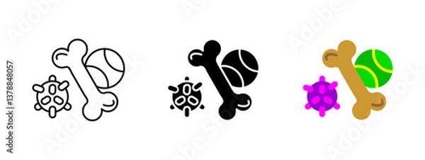 Fototapeta Pet toy icon. Set of dog toys including bone, tennis ball, and rubber chew ball vector illustration. Fun and colorful items for playing and training domestic animals.