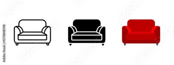Fototapeta Sofa icon. Comfortable red couch with armrests vector illustration. Home furniture symbol for living room design, relaxation spaces and modern interior decoration concepts.