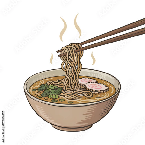 Fototapeta A steaming bowl of comforting ramen noodles being lifted with chopsticks, a culinary delight with rich broth, delicate narutomaki, and fresh green onions, shown in a warm hand-drawn style.